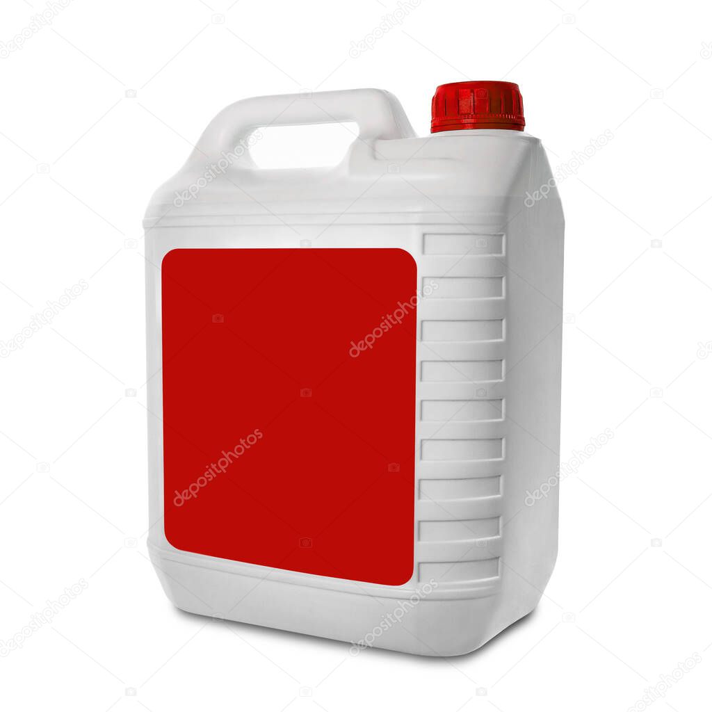 Plastic canister isolated on white background. Blank white canister with an empty red label and a red cap. Mock up for label, brand and packaging design. Side view.