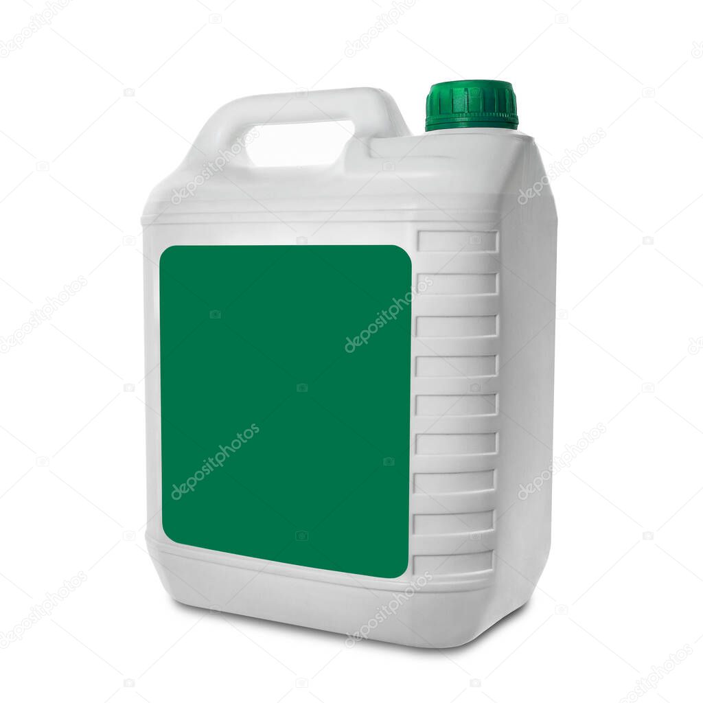 Plastic canister isolated on white background. White canister with blank green label and green cap. Mock up for label, brand and packaging design. Side view.