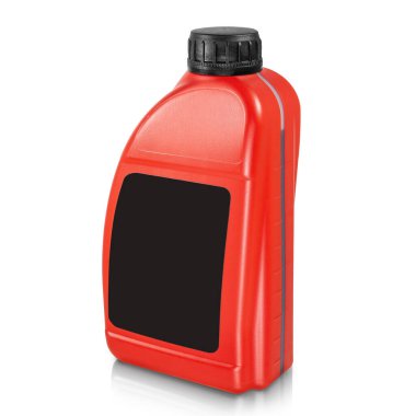 Plastik kutu beyaz arka planda izole edilmiş. Siyah etiketli ve siyah şapkalı kırmızı kutu. Etiket, marka ve ambalaj tasarımı. Yan görünüm.