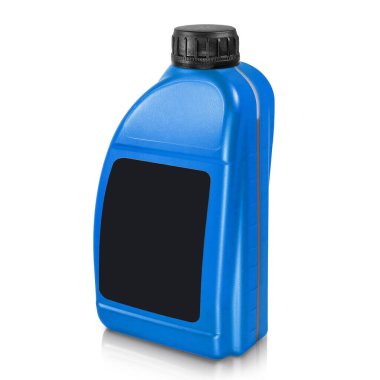 Plastik kutu beyaz arka planda izole edilmiş. Siyah etiketli ve siyah şapkalı mavi teneke kutu. Etiket, marka ve ambalaj tasarımı. Yan görünüm. 