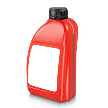 Plastik kutu beyaz arka planda izole edilmiş. Beyaz etiketli ve siyah şapkalı kırmızı teneke kutu. Etiket, marka ve ambalaj tasarımı. Yan görünüm.