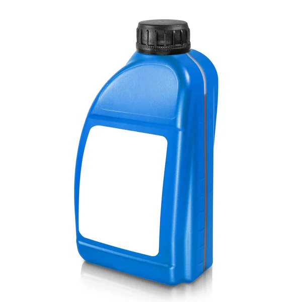 白地に隔離されたプラスチック製のキャニスター 白のラベルと黒のキャップを持つ青のキャニスター ラベル ブランドとパッケージデザインのモックアップ サイドビュー — ストック写真