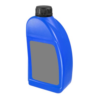 Plastik kutu beyaz arka planda izole edilmiş. Gri etiketli ve siyah şapkalı yakın plan mavi kutu. Etiket, marka ve ambalaj tasarımı. Yan görünüm.