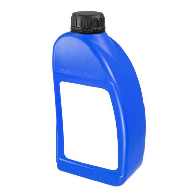 Plastic canister isolated on white background. Close-up blue canister with a white label and a black cap. Mockup of label, brand and packaging design. Side view.
