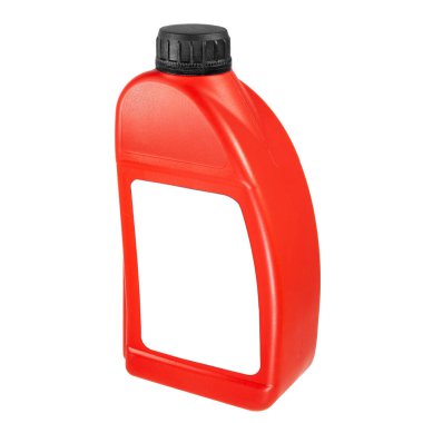 Plastic canister isolated on white background. Close-up red canister with a white label and a black cap. Mockup of label, brand and packaging design. Side view.