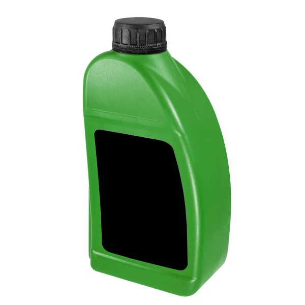 白地に隔離されたプラスチック製のキャニスター 黒ラベルと黒のキャップを持つクローズアップ緑のキャニスター ラベル ブランドとパッケージデザインのモックアップ サイドビュー — ストック写真