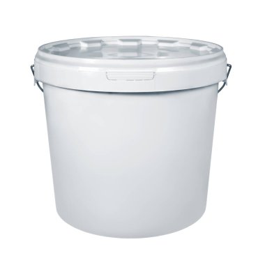 White plastic bucket isolated on white background. White plastic bucket without label with white lid. Mockup of label, brand and packaging design. Side view.  clipart