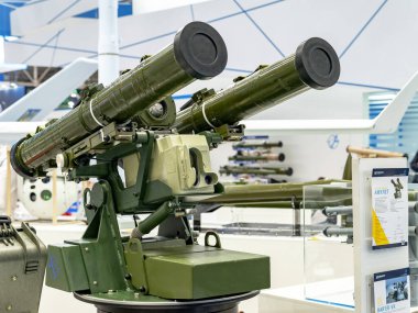 Tanksavar füze sistemi. ATGM Ukrayna yapımı muska uluslararası sergi ARMS VE GÜVENLİK - 2021. Seçici odaklanma. Kiev. Ukrayna - 18 Haziran 2021.