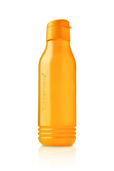 Bouteille Plastique Tupperware Bouteille Plastique Orange Avec Valves Isolées Sur — Photo