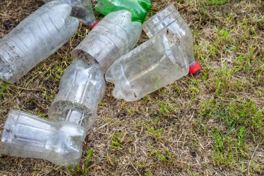 Plastik şişeler. Kirli plastik şişeleri kesmek için kullanılır. Çevre kirliliği kavramı. Ekolojik bir sorun. Plastik atıkların geri dönüşümü. Seçici yumuşak odak.