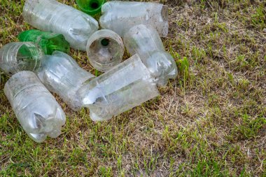 Plastik şişeler. Kuru çimenlerin üzerinde kesilmiş bir yığın eski, kirli plastik şişe. Çevre kirliliği kavramı. Ekolojik bir sorun. Plastik atıkların geri dönüşümü. Seçici yumuşak odak.