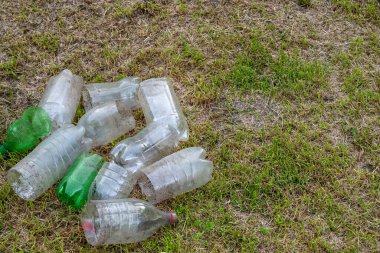 Plastik şişeler. Kuru çimenlerde plastik şişe kesen eski bir yığın. Çevre kirliliği kavramı. Ekolojik bir sorun. Plastik atıkların geri dönüşümü. Seçici yumuşak odak.