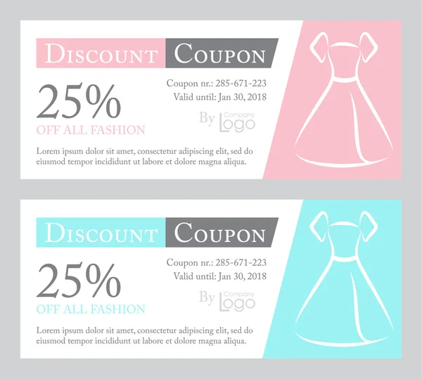 Coupon de réduction de mode avec illustration de ligne de robe sur quartz rose et fond bleu bébé — Image vectorielle