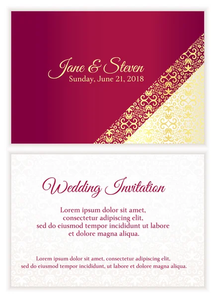 Invitación de boda roja con encaje dorado de lujo en esquina y patrón de damasco dentro de la tarjeta — Vector de stock
