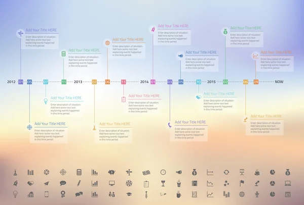 Modern regenboog tijdlijn met transparante mijlpalen in pastel kleuren op onscherpe achtergrond. Set van pictogrammen die zijn opgenomen. — Stockvector