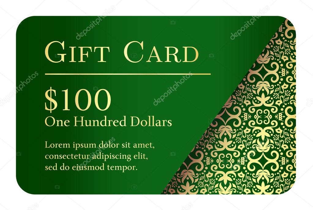 Vintage green gift card with golden lace ornament in right corner