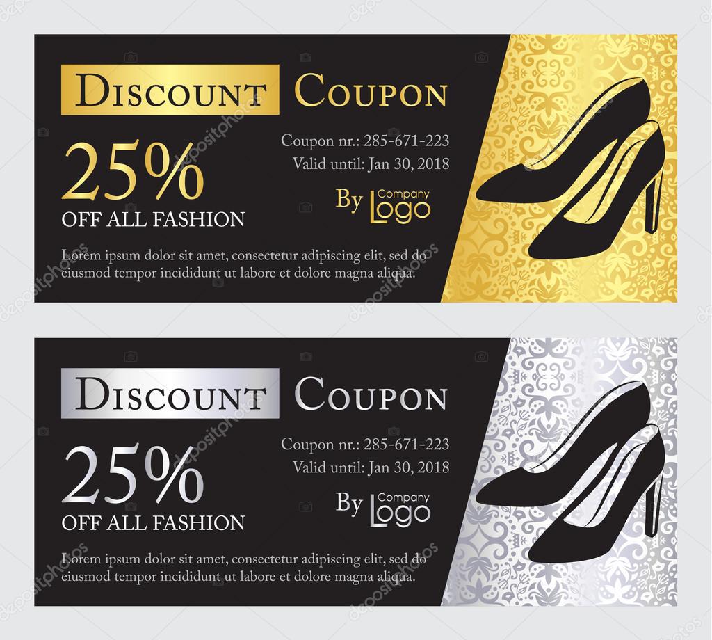 Fashion discount coupon with line illustration of pumps on gold and silver background with damask pattern