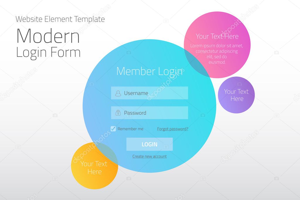 Modern member login website form with tranparent circle text boxes