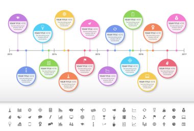 Modern rainbow timeline with circle milestones with pastel fill. Set of icons included clipart