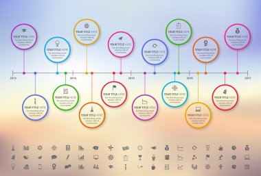 Modern rainbow timeline with circle milestones with pastel fill. Set of icons included clipart