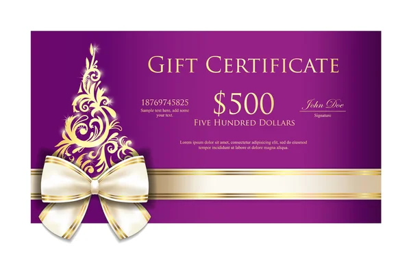 Certificado de regalo de Navidad violeta de lujo con cinta crema y adorno de oro Árbol de Navidad — Vector de stock