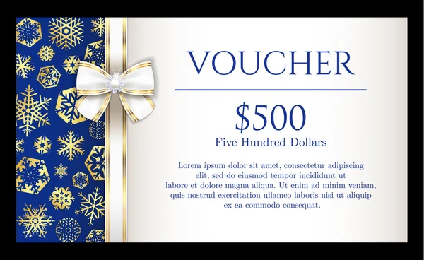 Luxus-Weihnachtsgutschein mit goldenen Schneeflocken auf blauem Hintergrund und mit weißer Schleife — Stockvektor