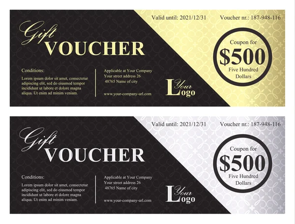 Luxury gift voucher with gold and silver ornamental background — Stockový vektor