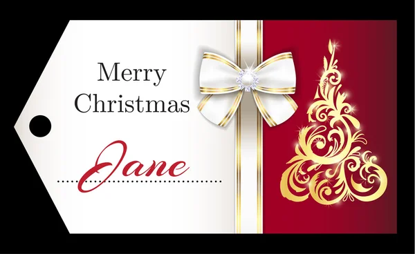 Luxury red Christmas name tag with golden ornament Christmas tree and white ribbon — ストックベクタ