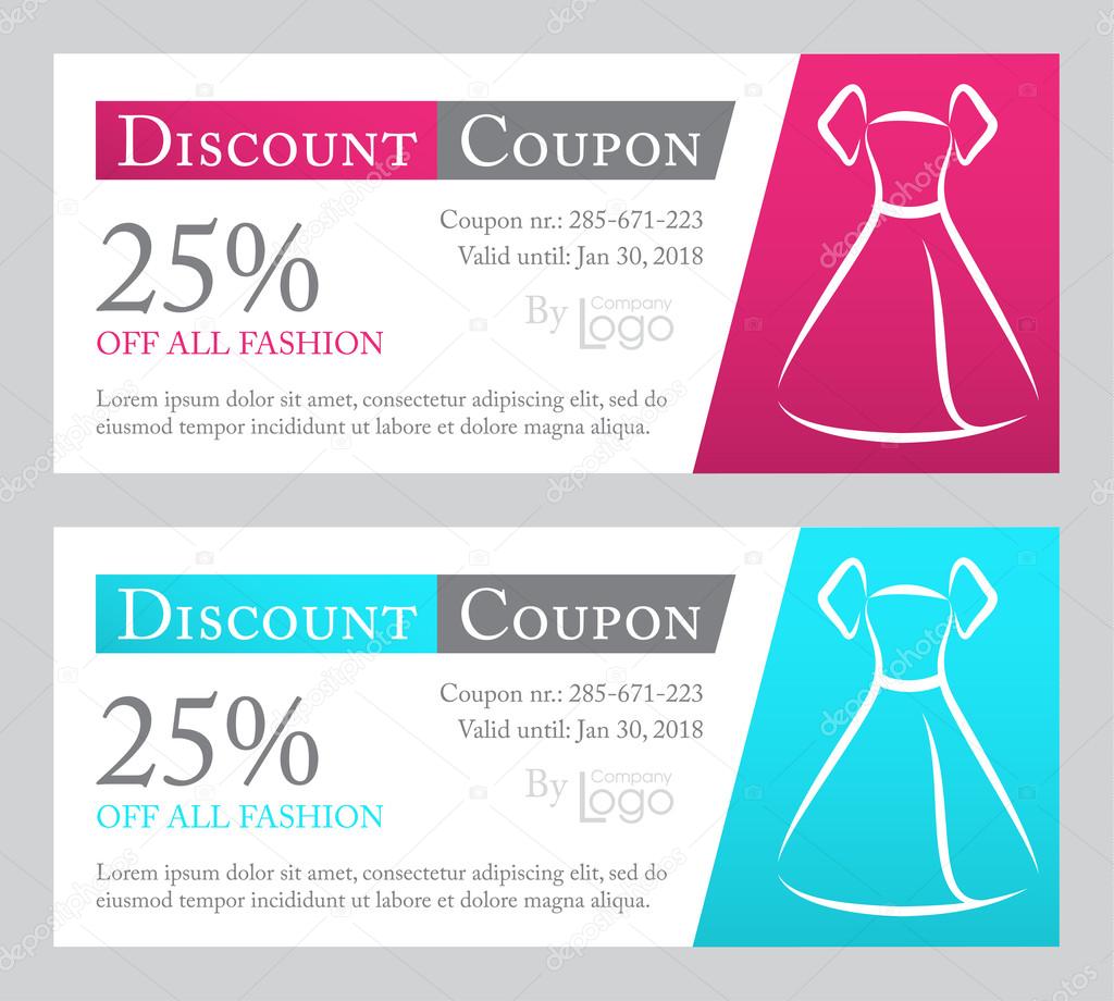 Fashion discount coupon with line illustration of dress on pink and blue background