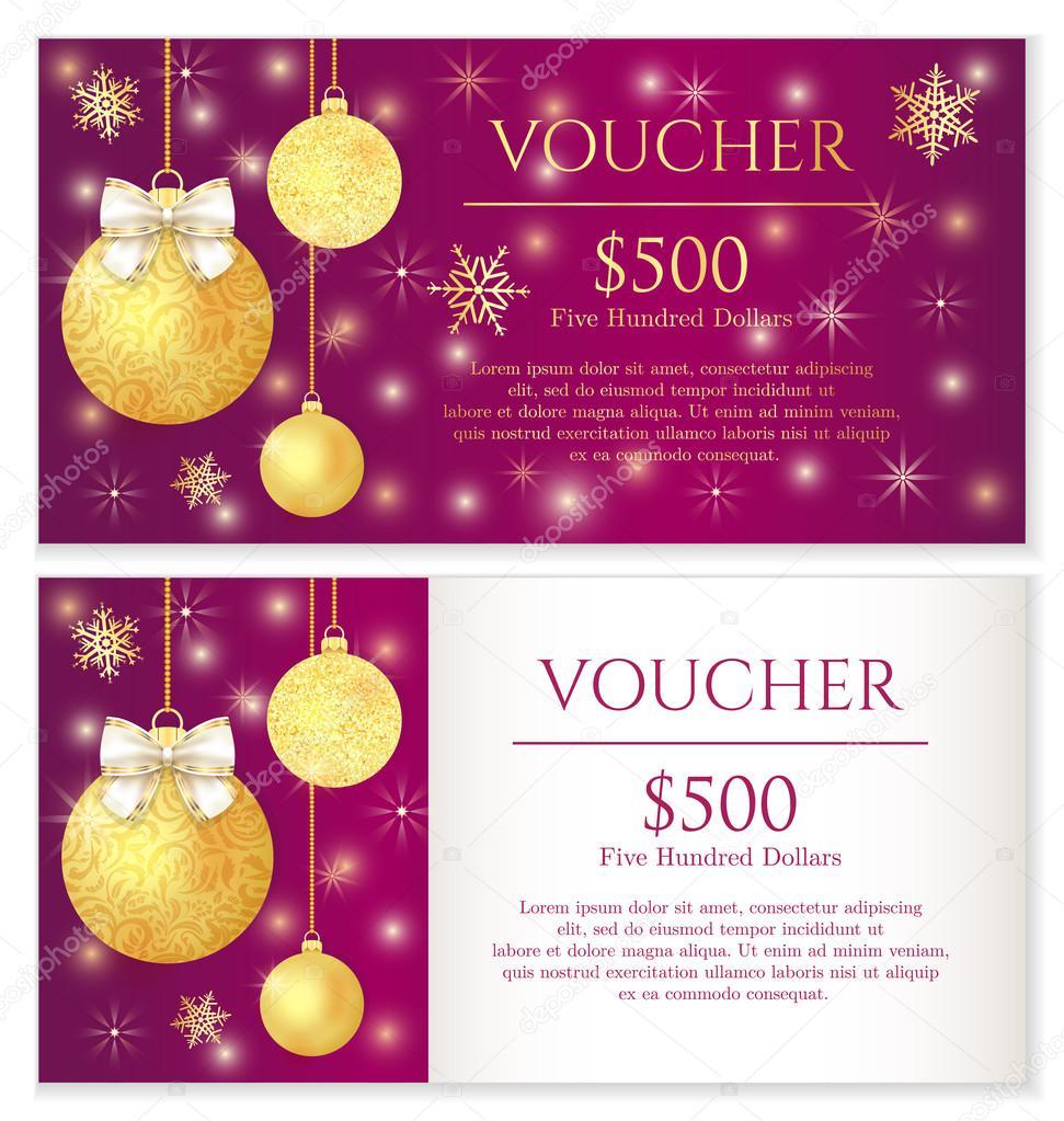 Luxury purple Christmas voucher with golden Christmas balls