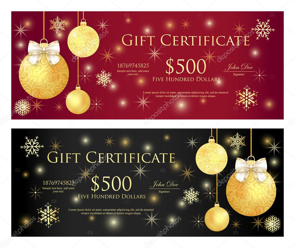Red and black gift certificate with golden Christmas balls and sparkling background