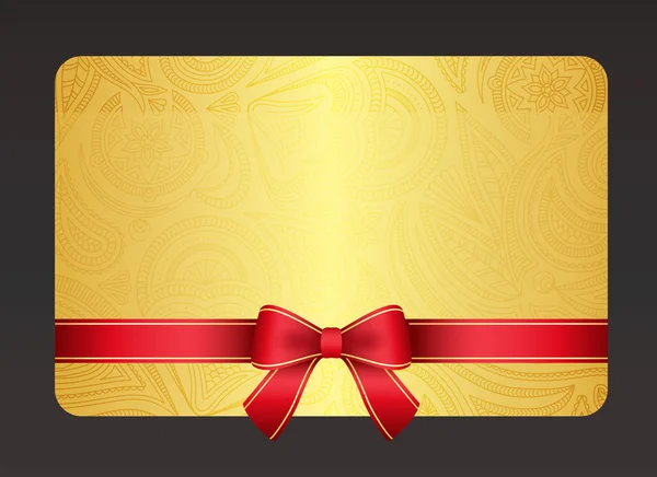 Золотая подарочная карта с красной лентой и винтажным цветочным узором — стоковый вектор