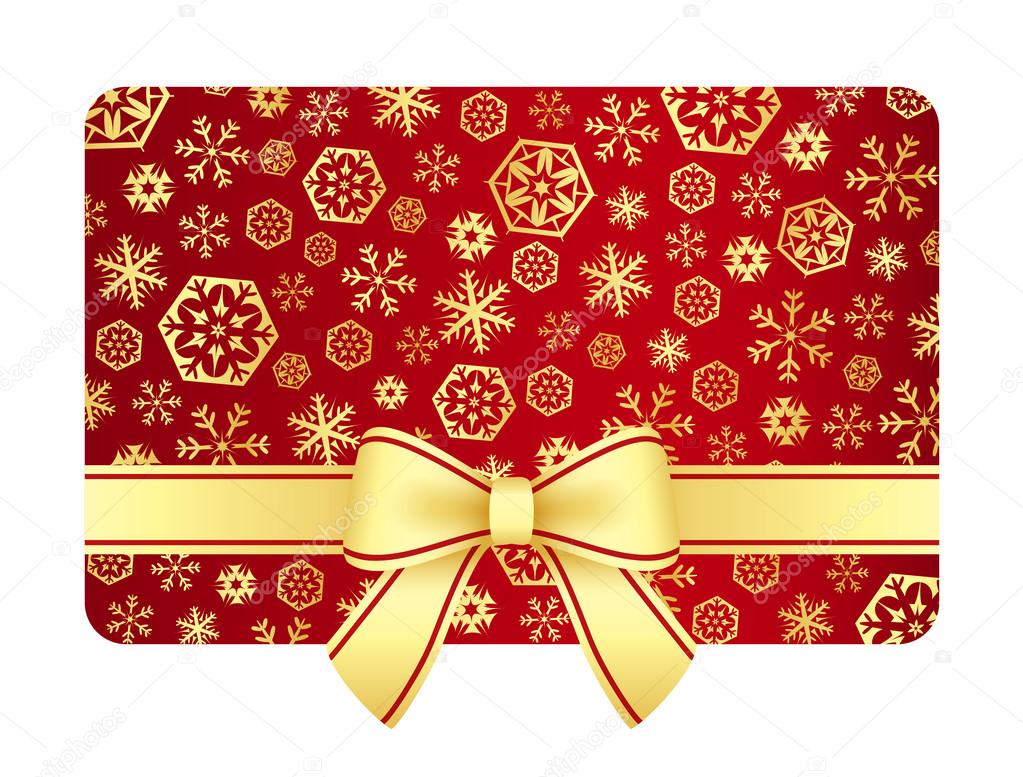 Luxury Christmas gift card with golden snowflakes and ribbon