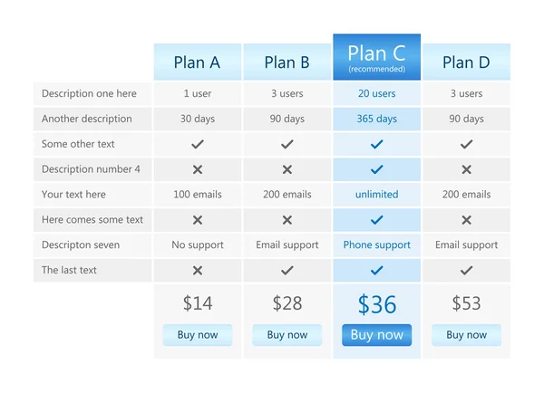 bir önerilen planı ile modern fiyat tablosu