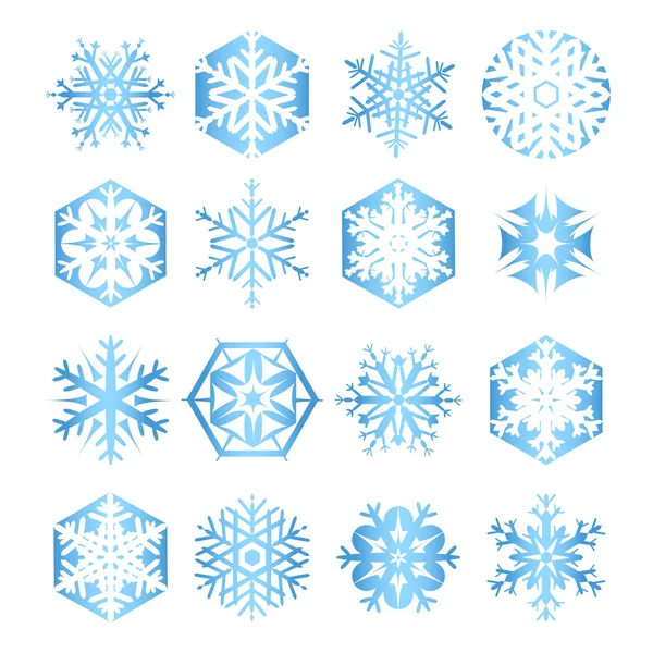 Samling av 16 blå snöflingor på vit bakgrund — Stock vektor