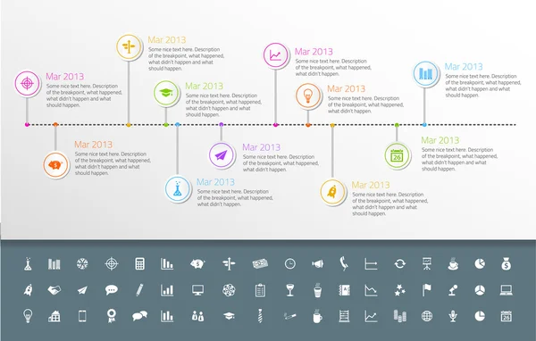 Plantilla de línea de tiempo en estilo de etiqueta con conjunto de iconos. Fondo claro — Archivo Imágenes Vectoriales