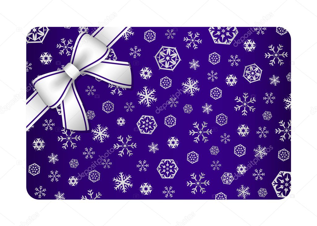 Dark blue Christmas card with silver snow flakes and ribbon in the corner