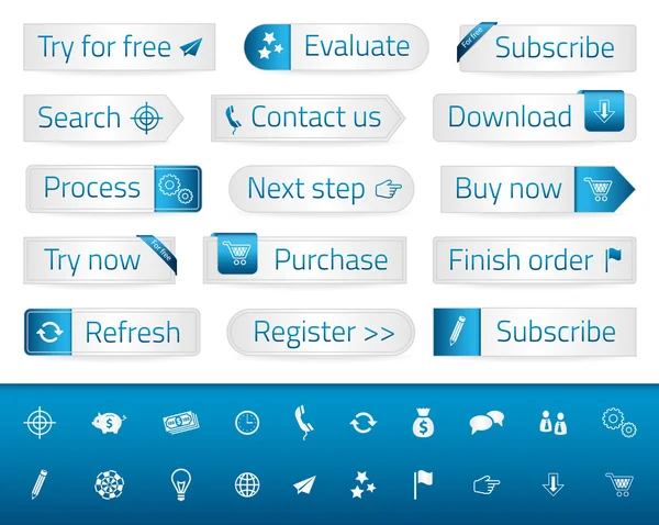 Botões web leves com marcadores e ícones azuis —  Vetores de Stock