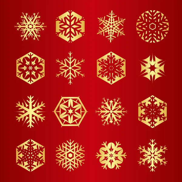 Коллекция из 16 золотых снежинок — стоковый вектор
