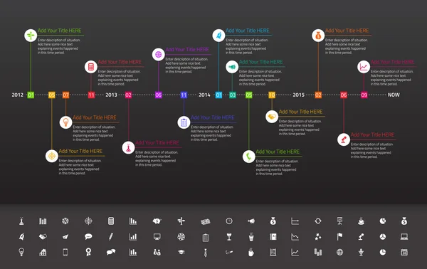 Línea de tiempo plana moderna con hitos del arco iris sobre fondo oscuro — Vector de stock