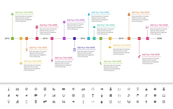 Linha do tempo plana moderna com ícones vermelhos, laranja e amarelos —  Vetores de Stock