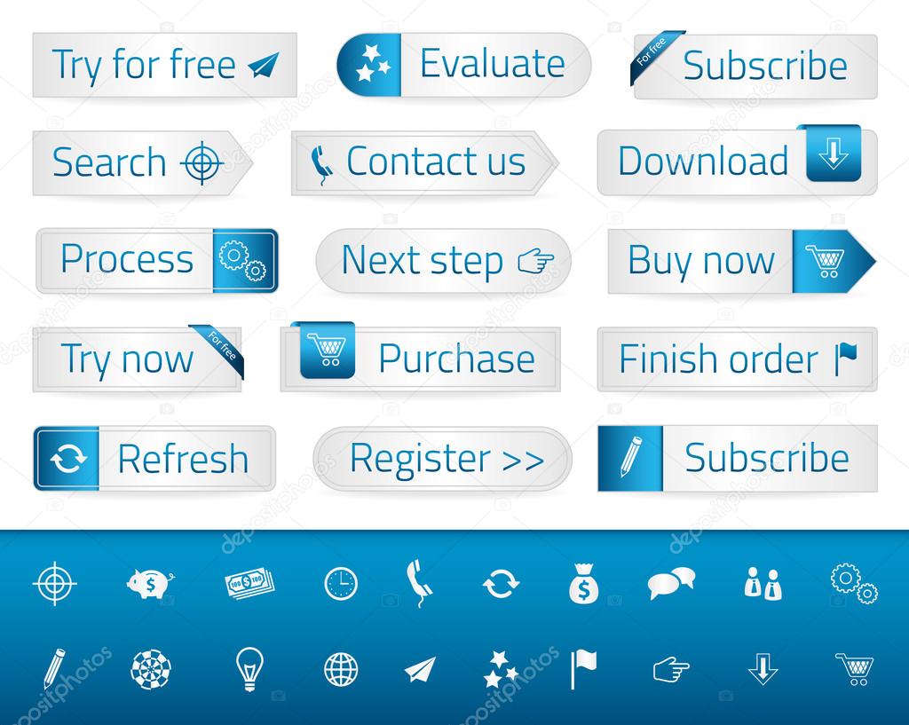 Light web buttons with blue bookmarks and icons