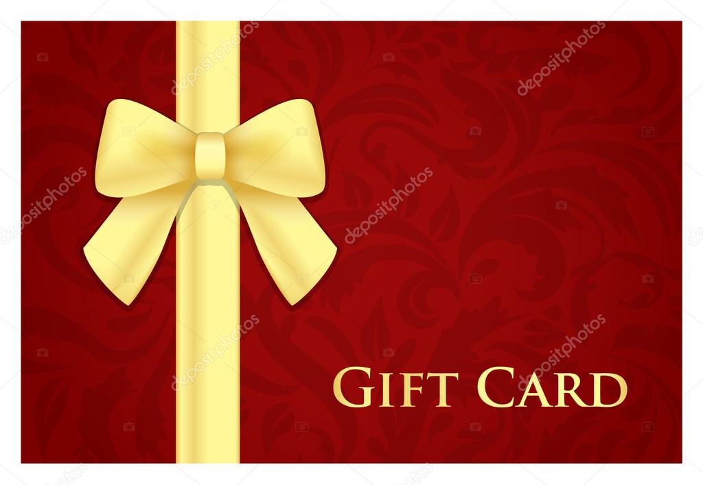 Red gift card with victorian pattern and golden ribbon