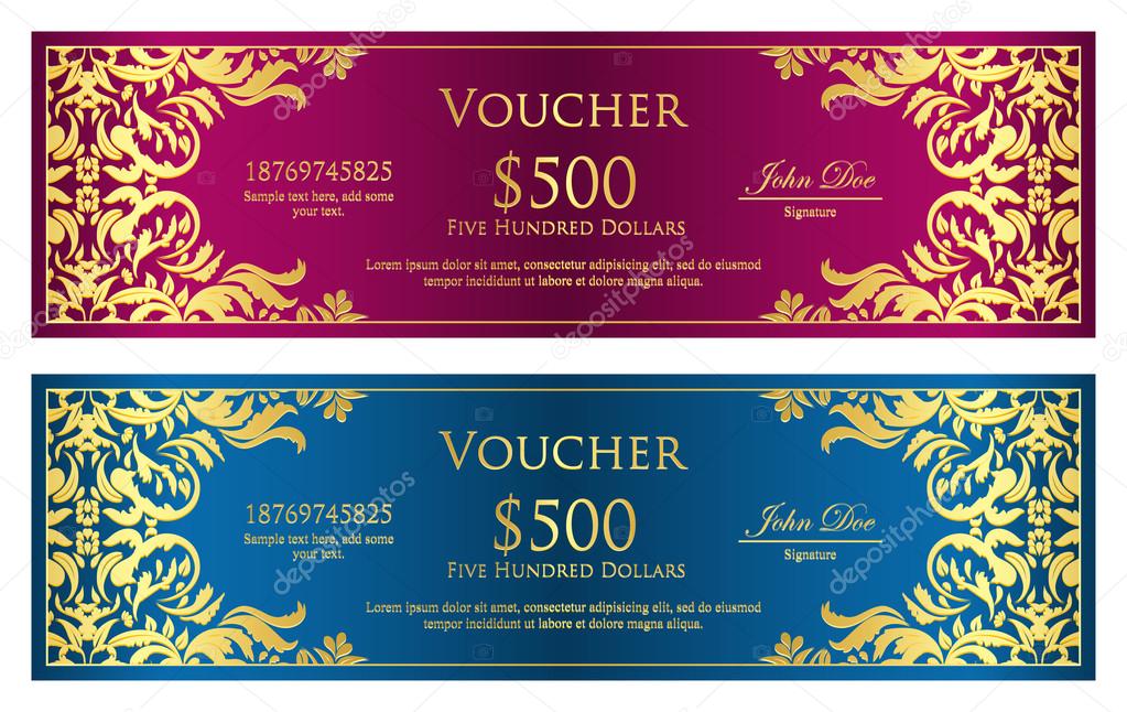 Luxury magenta and blue voucher with vintage ornament