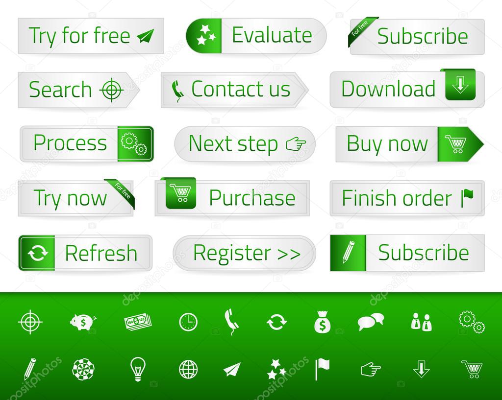 Light web buttons with green bookmarks and icons