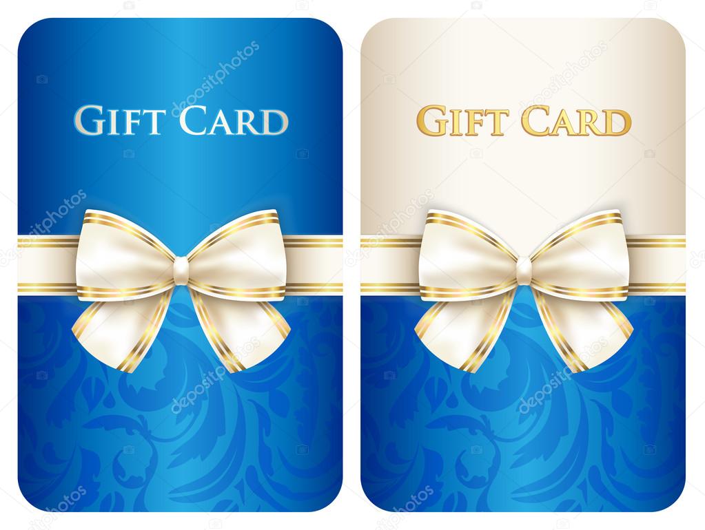 Blue vertical gift card with damask ornament and cream diagonal ribbon