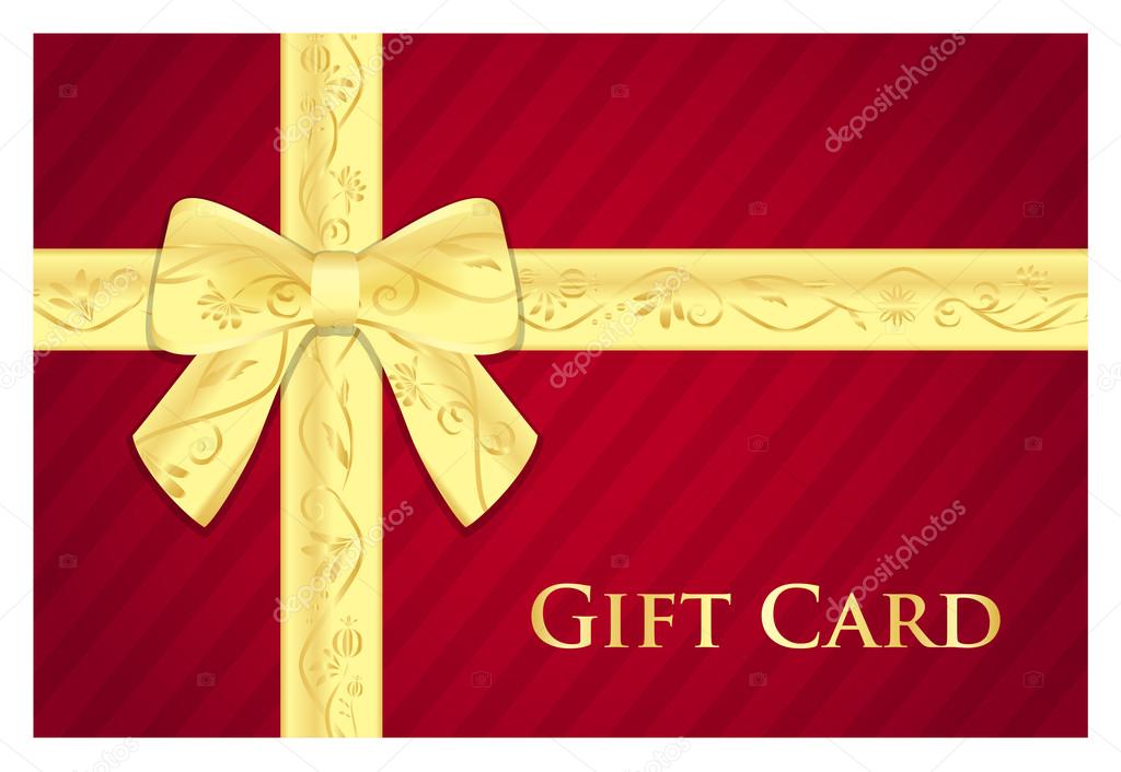 Red gift card with golden ribbon with floral pattern