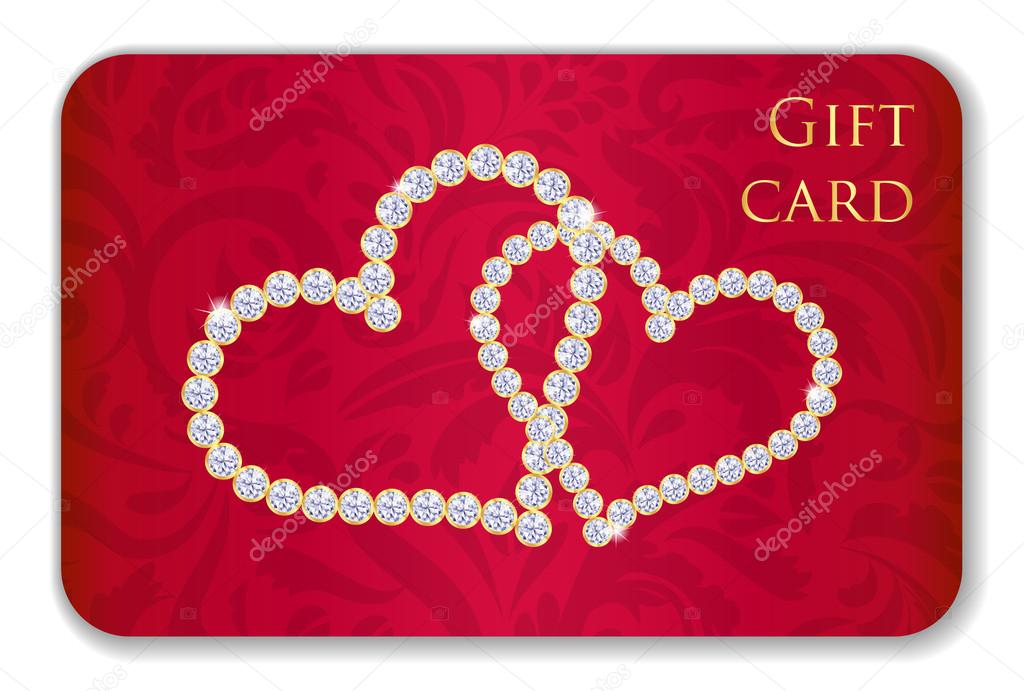 Red Valentine gift card with entwined hearts composed from diamonds