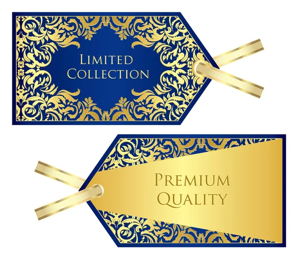 Luxe blauwe prijskaartje met gouden vintage patroon — Stockvector