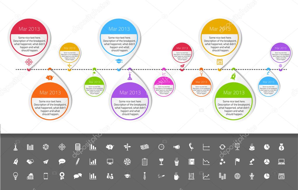 Timeline template in sticker style with set of icons. White background